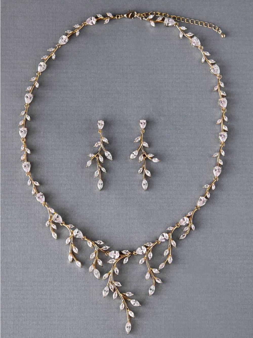 Delicate Gold Crystal Leaf Necklace and Drop Earrings - Women Jewelry
